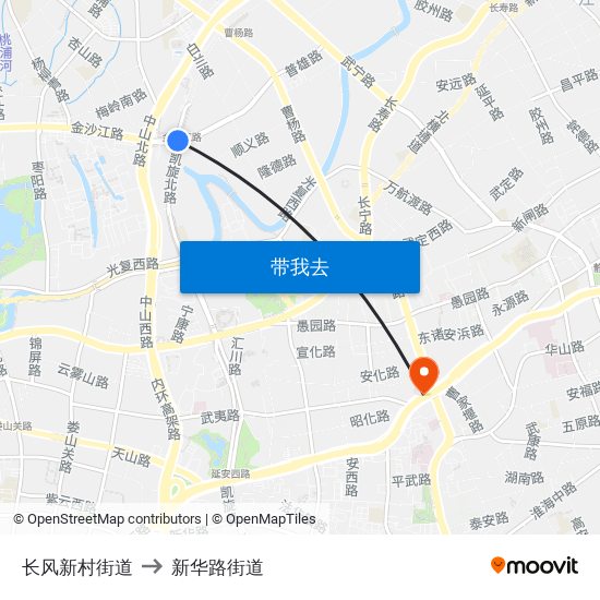 长风新村街道 to 新华路街道 map