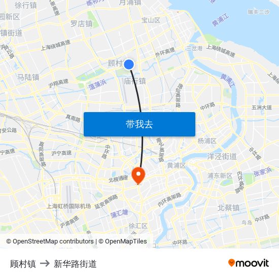 顾村镇 to 新华路街道 map