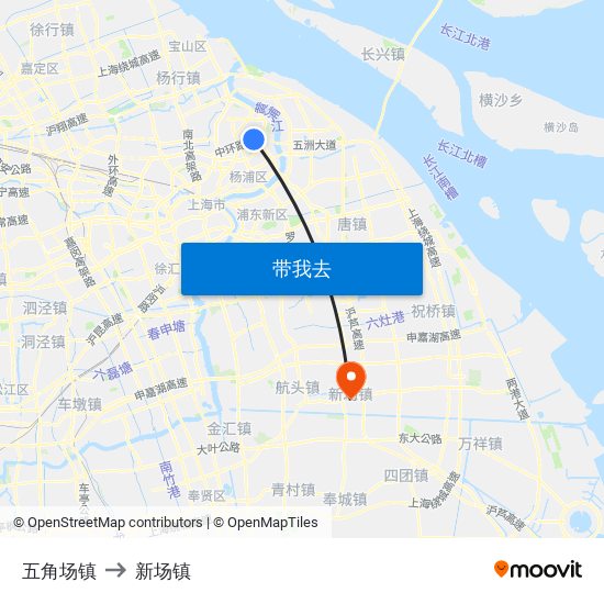 五角场镇 to 新场镇 map
