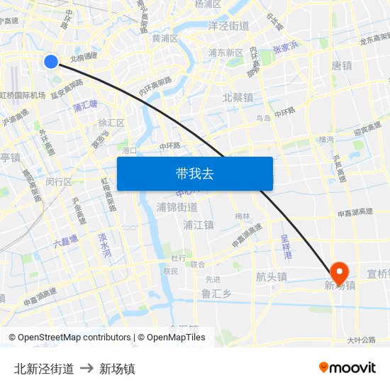 北新泾街道 to 新场镇 map