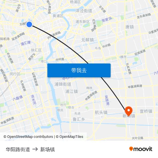 华阳路街道 to 新场镇 map