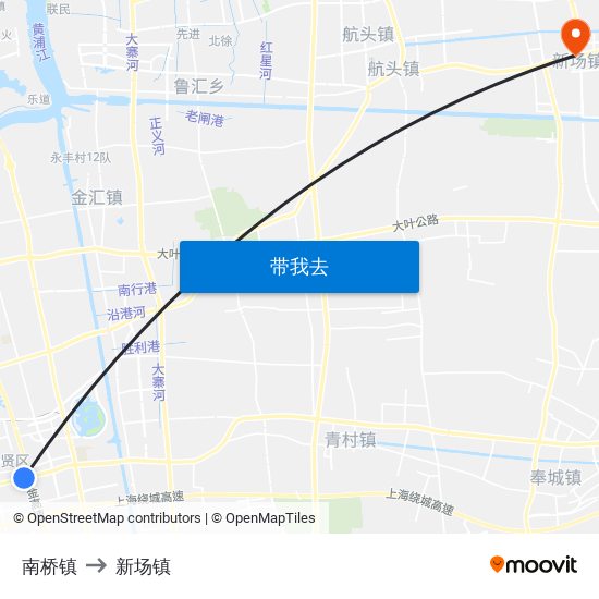 南桥镇 to 新场镇 map