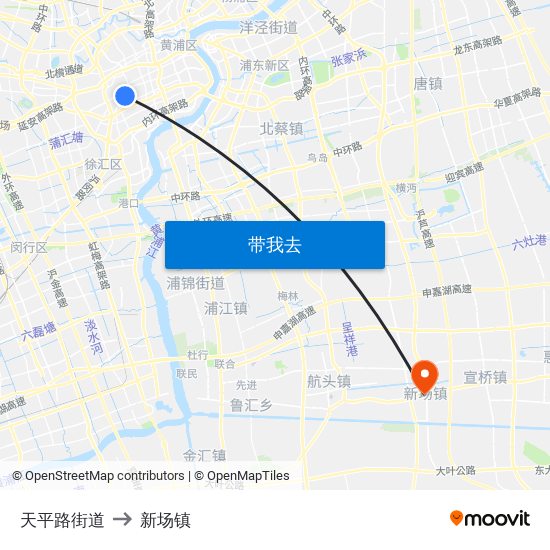 天平路街道 to 新场镇 map