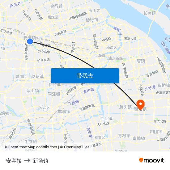 安亭镇 to 新场镇 map