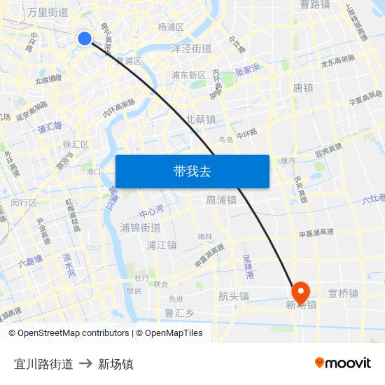 宜川路街道 to 新场镇 map