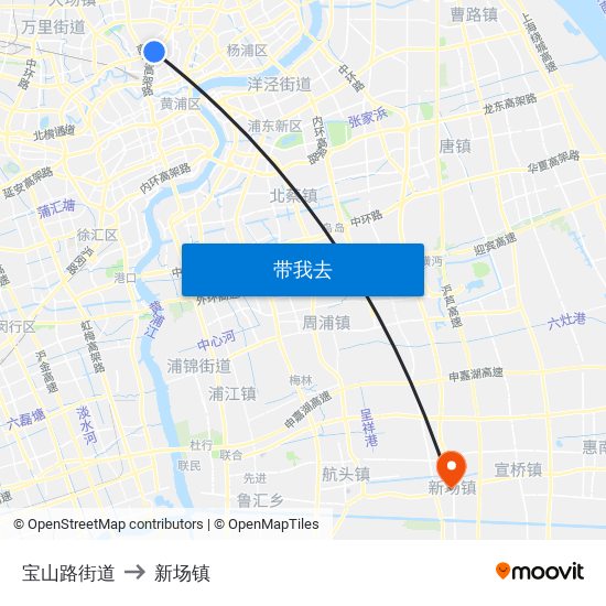 宝山路街道 to 新场镇 map