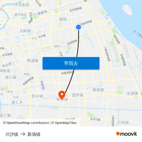 川沙镇 to 新场镇 map