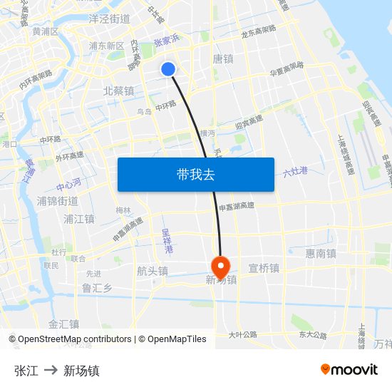 张江 to 新场镇 map