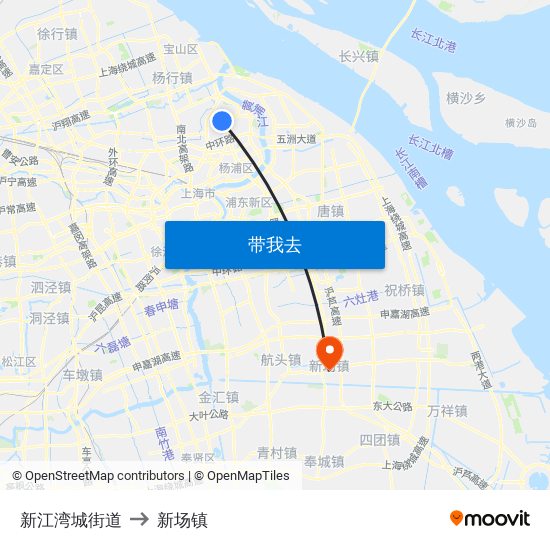 新江湾城街道 to 新场镇 map