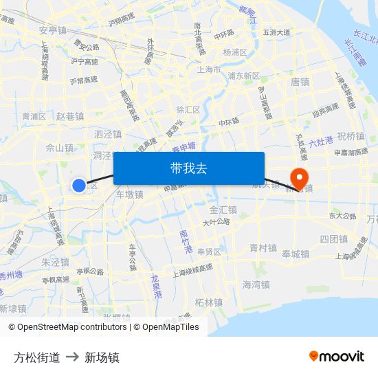 方松街道 to 新场镇 map