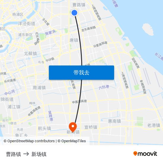 曹路镇 to 新场镇 map