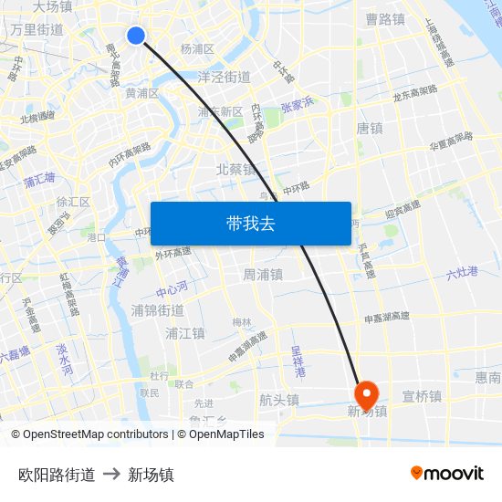 欧阳路街道 to 新场镇 map