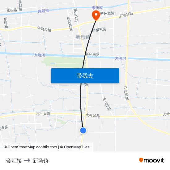 金汇镇 to 新场镇 map