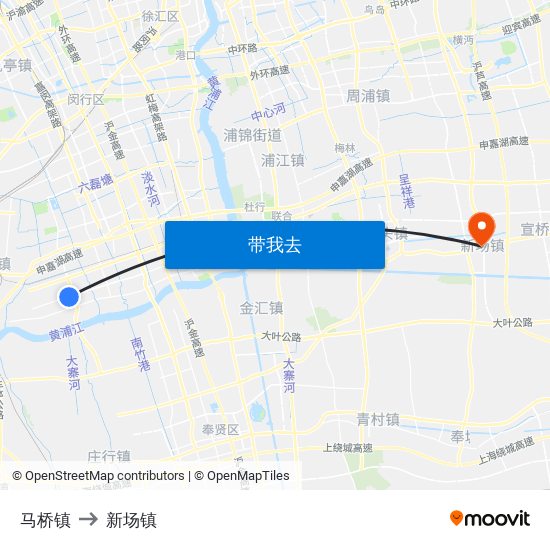 马桥镇 to 新场镇 map