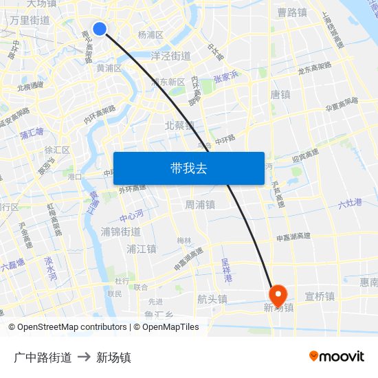 广中路街道 to 新场镇 map