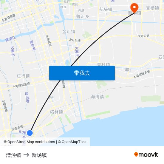 漕泾镇 to 新场镇 map