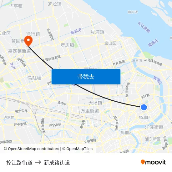 控江路街道 to 新成路街道 map