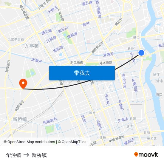 华泾镇 to 新桥镇 map