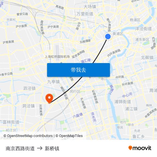 南京西路街道 to 新桥镇 map