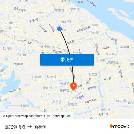 嘉定镇街道 to 新桥镇 map