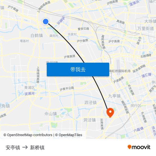 安亭镇 to 新桥镇 map