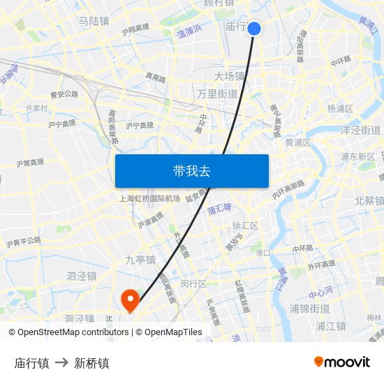 庙行镇 to 新桥镇 map