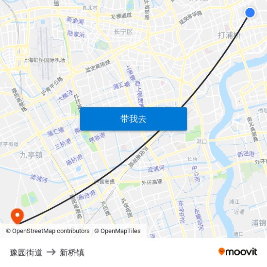 豫园街道 to 新桥镇 map