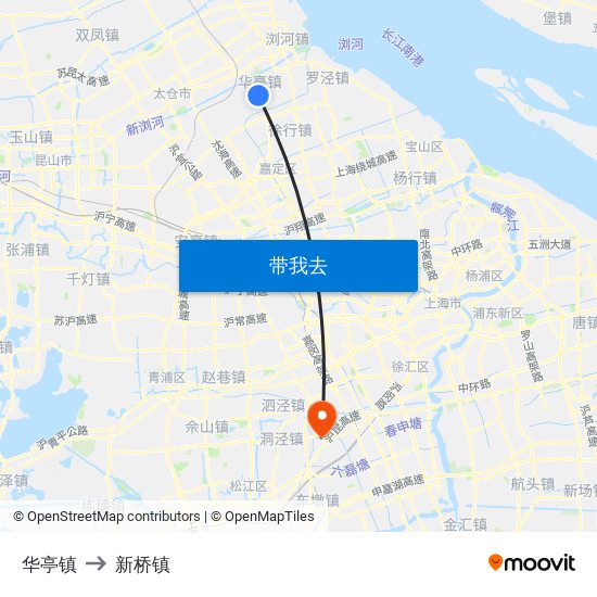 华亭镇 to 新桥镇 map