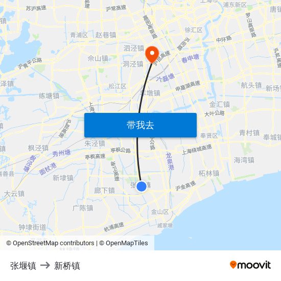 张堰镇 to 新桥镇 map