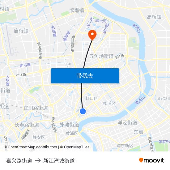 嘉兴路街道 to 新江湾城街道 map