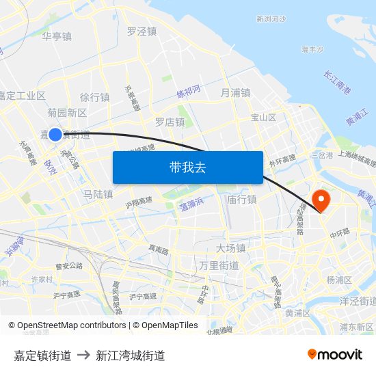 嘉定镇街道 to 新江湾城街道 map