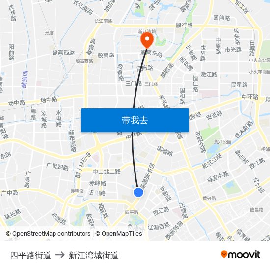 四平路街道 to 新江湾城街道 map