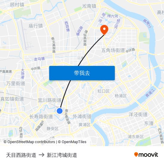 天目西路街道 to 新江湾城街道 map