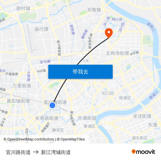 宜川路街道 to 新江湾城街道 map