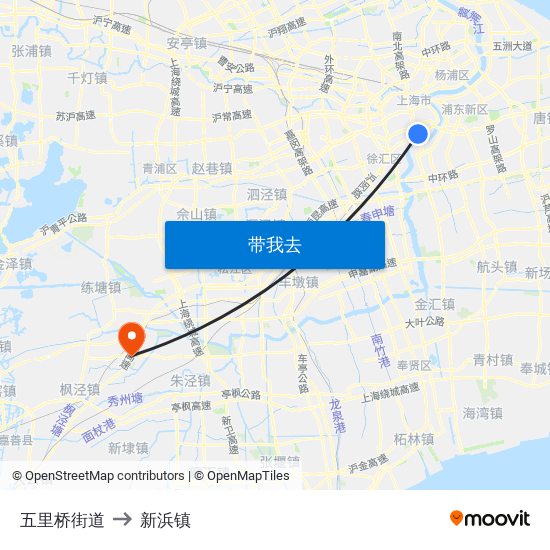 五里桥街道 to 新浜镇 map