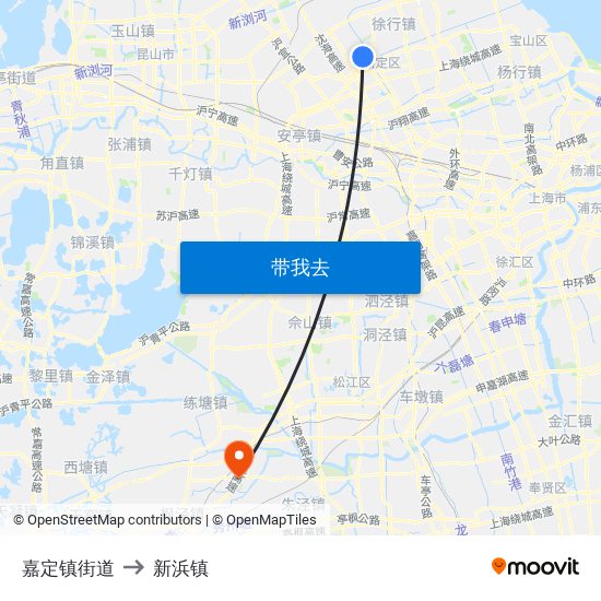 嘉定镇街道 to 新浜镇 map