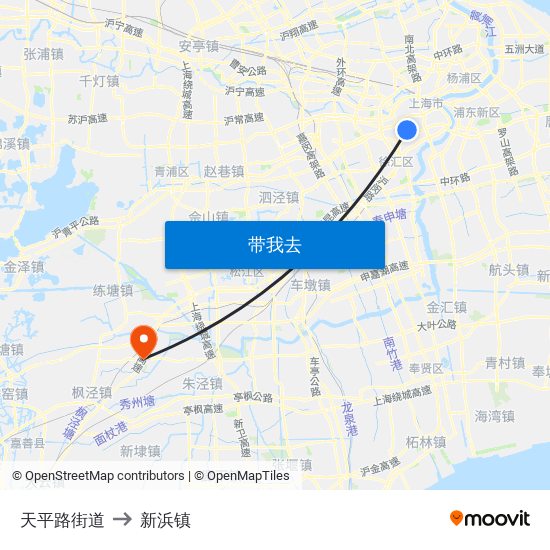 天平路街道 to 新浜镇 map