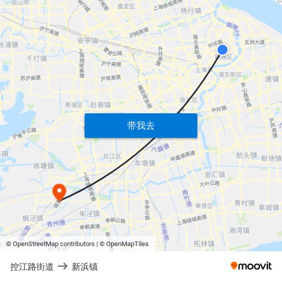 控江路街道 to 新浜镇 map