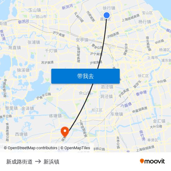 新成路街道 to 新浜镇 map