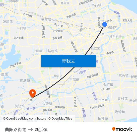 曲阳路街道 to 新浜镇 map