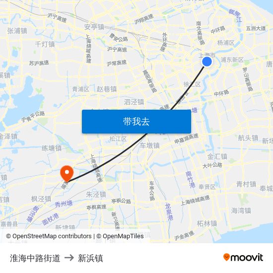 淮海中路街道 to 新浜镇 map