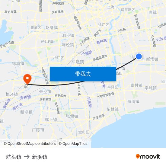 航头镇 to 新浜镇 map