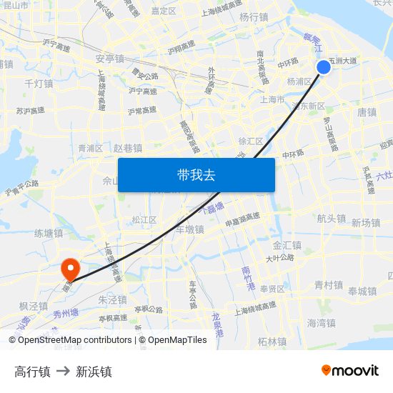 高行镇 to 新浜镇 map