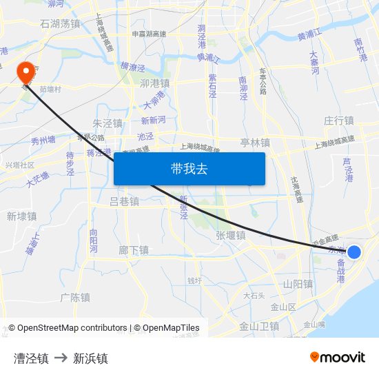 漕泾镇 to 新浜镇 map