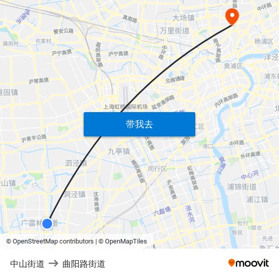 中山街道 to 曲阳路街道 map