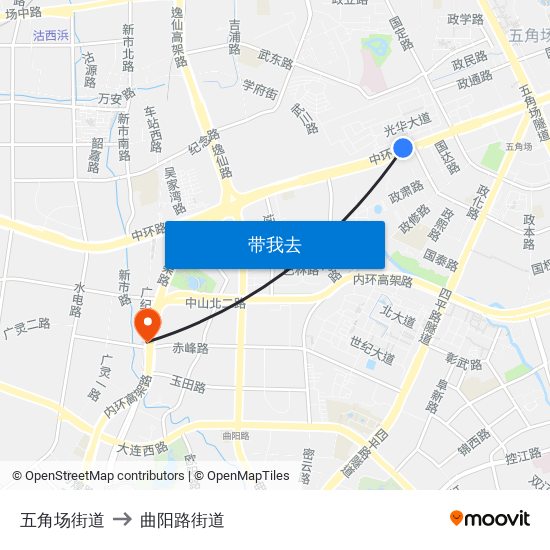 五角场街道 to 曲阳路街道 map