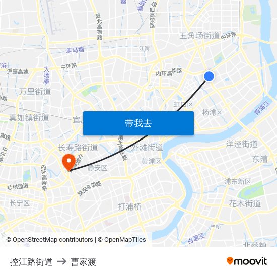 控江路街道 to 曹家渡 map