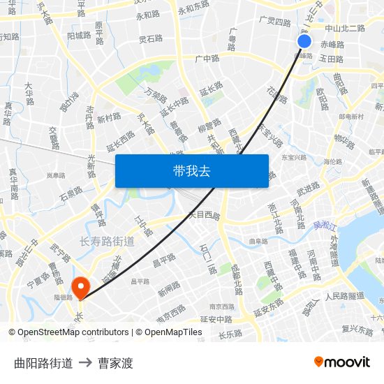 曲阳路街道 to 曹家渡 map