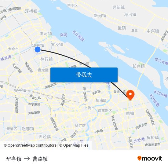 华亭镇 to 曹路镇 map