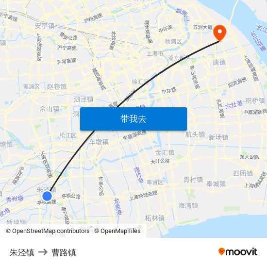 朱泾镇 to 曹路镇 map